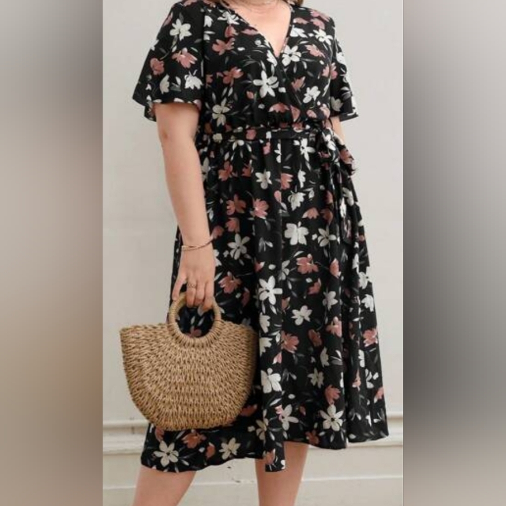 Women's 3x Floral Print Black Belted Dress by Shein Plus